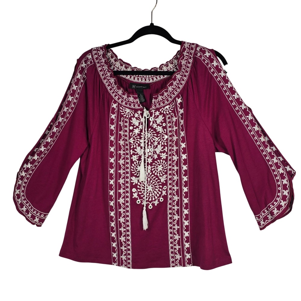INC International Concepts Peasant Top Large Berry Red Embroidered Pima Blend